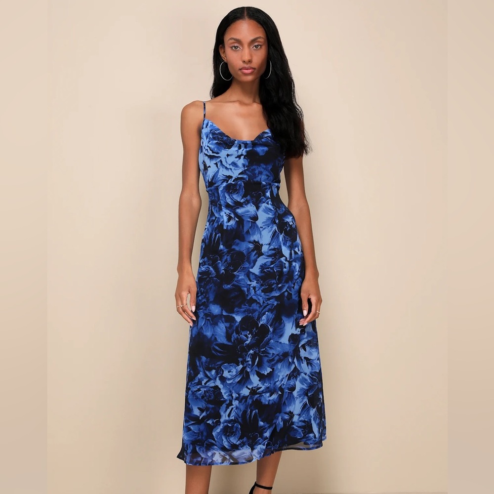 Lulu's Beautiful Persona Blue Floral Chiffon Cowl A-Line Midi Dress Size XL